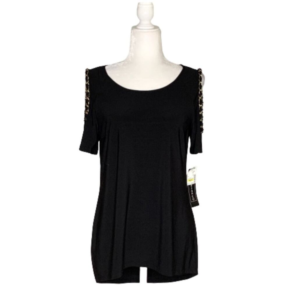 Coco Bianco Top Black Cold Shoulder Gold Chain Strap Detail Top Size Medium NEW